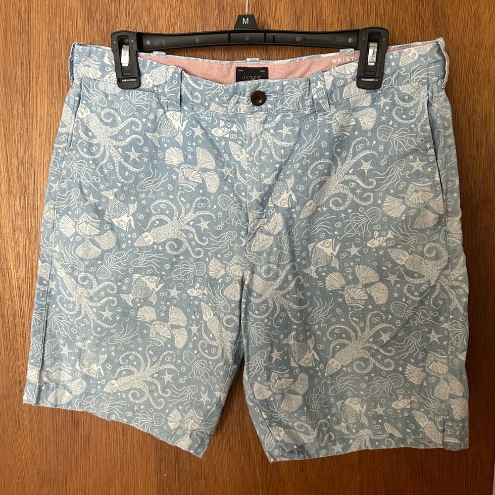 J. Crew Mens Sea Life Chino Shorts Blue 9” Inseam Cotton Octopus Fish 33W
